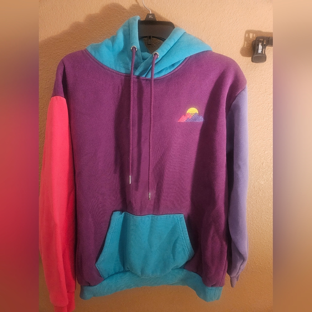 Vintage 90s Colorblock Hoodie Purple Teal Retro Y2K Streetwear Sweatshirt Large